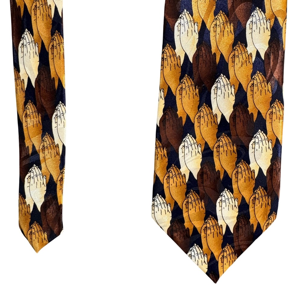 Fratello Mens Praying Hands Graphic Print Necktie Brown Tan Religious Hand Made